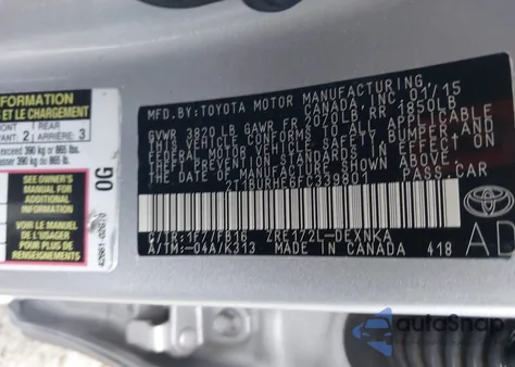 2015 Toyota Corolla Le из США, поврежденный, VIN 2T1BURHE6FC339801